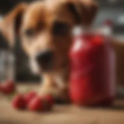 A dog curiously inspecting a jar of strawberry jam