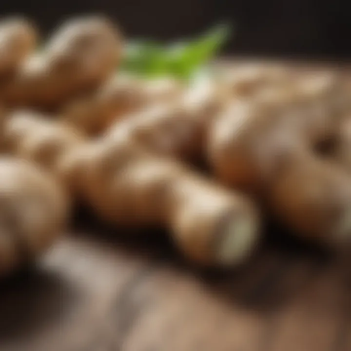 Fresh raw ginger root on a wooden surface