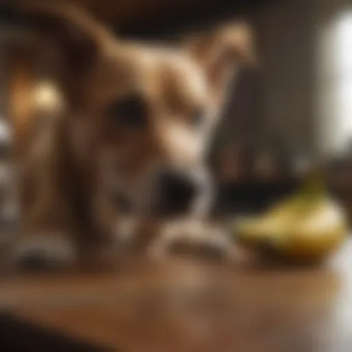 A dog curiously inspecting a banana on a table.