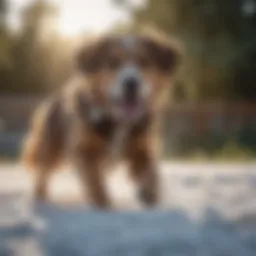 A dog joyfully crunching ice in a sunny yard
