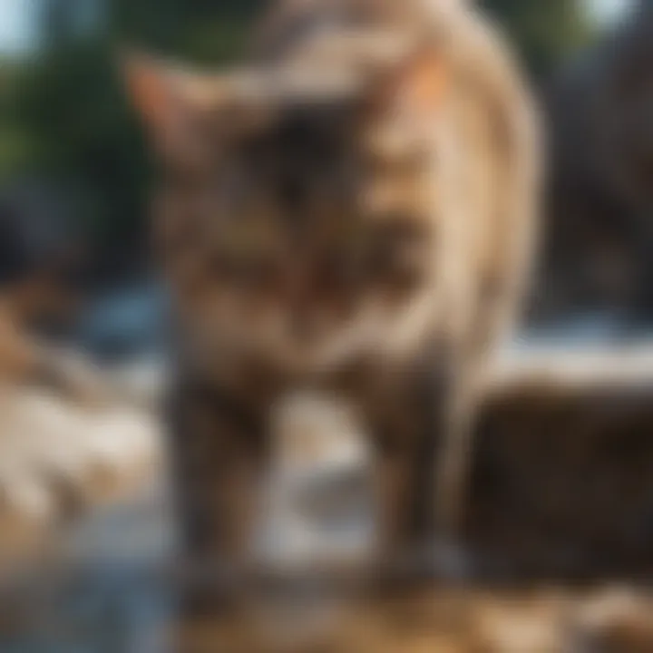 A cat happily drinking from a flowing water source, highlighting its natural behavior.