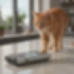 A sleek cat glucometer displayed on a countertop next to a cat