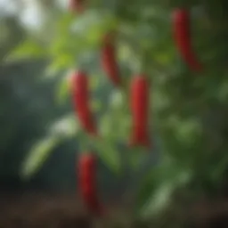 Vibrant cayenne pepper fruits hanging from a healthy plant