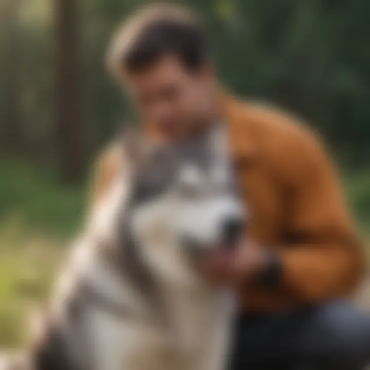 An owner brushing their Siberian Husky outdoors, illustrating the bonding experience through grooming.