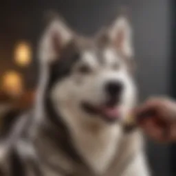 A Siberian Husky being groomed with a slicker brush, showcasing its thick double coat.