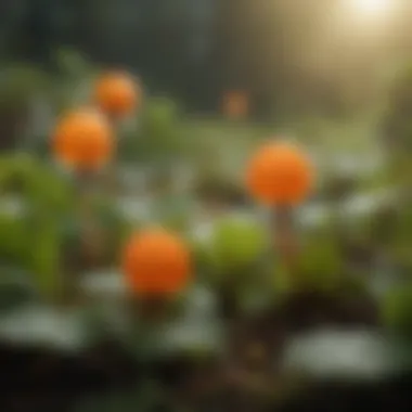 A close-up view of cloudberries growing in their natural habitat, highlighting their distinct appearance and surroundings.