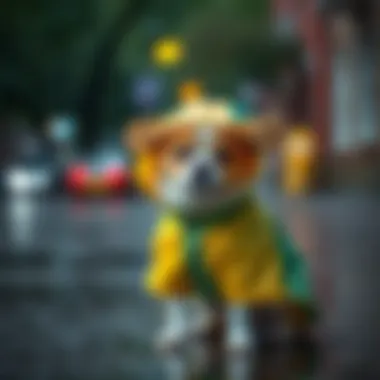 Comfortable Dog in Raincoat A small dog wearing a colorful raincoat on a rainy day, looking comfortable