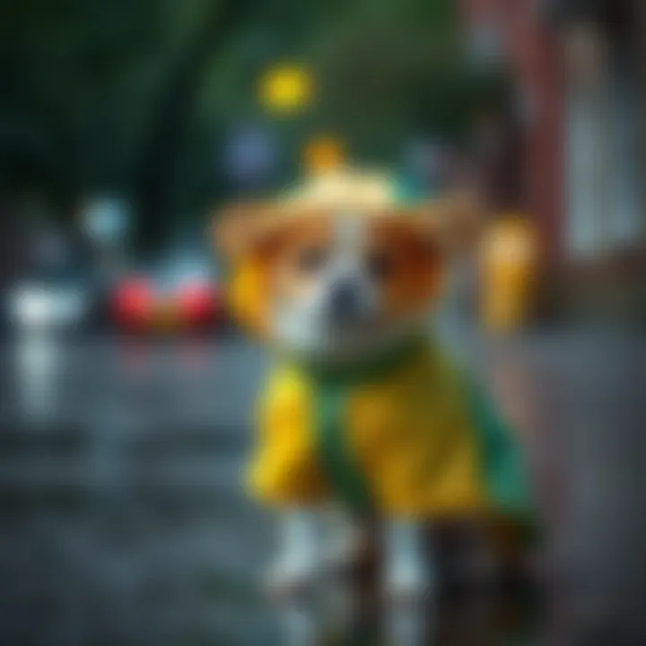 Comfortable Dog in Raincoat A small dog wearing a colorful raincoat on a rainy day, looking comfortable