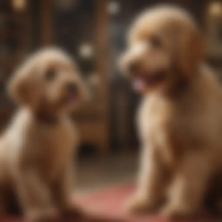 Goldendoodle exhibiting friendly demeanor while interacting with a child