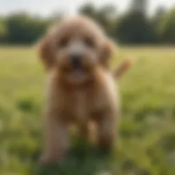 Mini Goldendoodle puppy playing in a grassy field