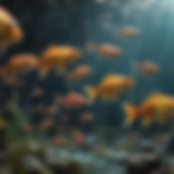 A school of colorful fish darting around an underwater structure