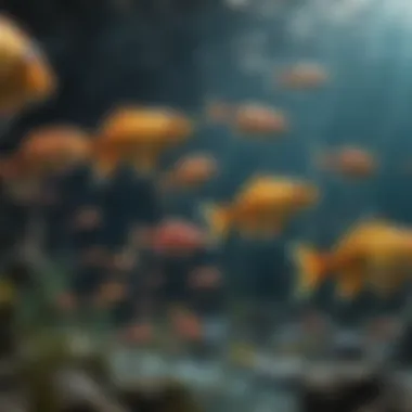 Diversity in Schools of Fish A school of colorful fish darting around an underwater structure