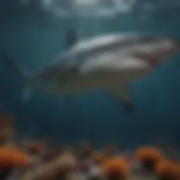 A mesmerizing underwater view of a shark gliding gracefully through the ocean depths.