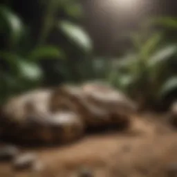 A well-designed ball python habitat showcasing substrate, hiding spots, and heating elements