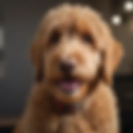 A Goldendoodle with a shiny coat being groomed