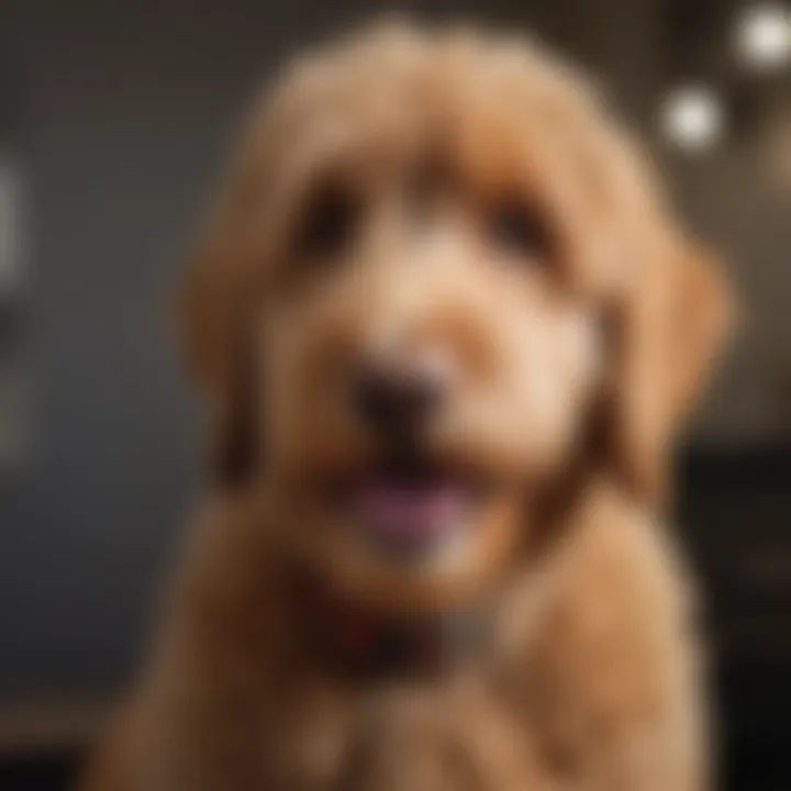A Goldendoodle with a shiny coat being groomed