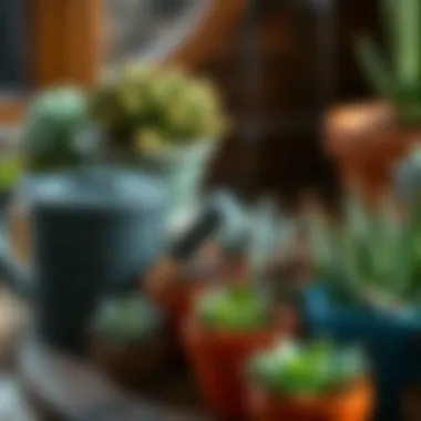 Watering Techniques for Succulents A well-arranged watering can beside small succulent pots