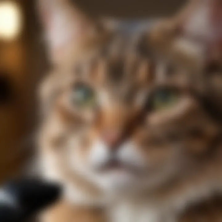 Close-up of a cat being groomed with a specialized shedding brush
