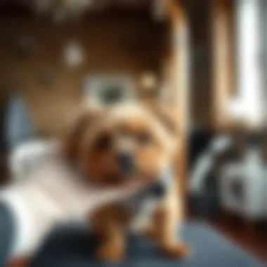 Chocolate Yorkie receiving care and grooming