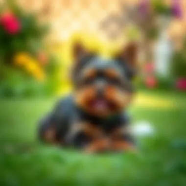 A healthy chocolate Yorkie playing in a garden