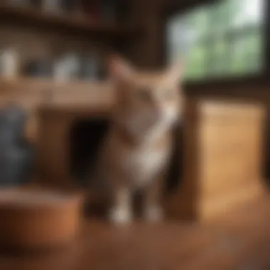 Exploring Cat Box Designs Cats exploring various litter box designs in a cozy setting