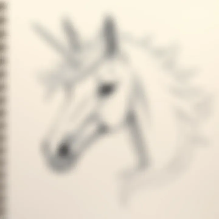 Majestic Unicorn Head Sketch Detailed sketch of a unicorn head showcasing its majestic features