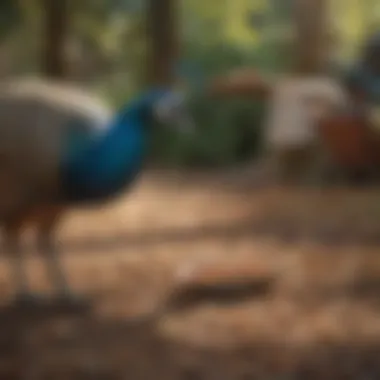 Peafowl interacting with caretakers during feeding time