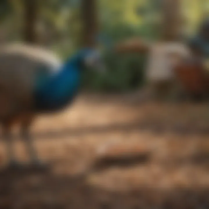 Peafowl interacting with caretakers during feeding time