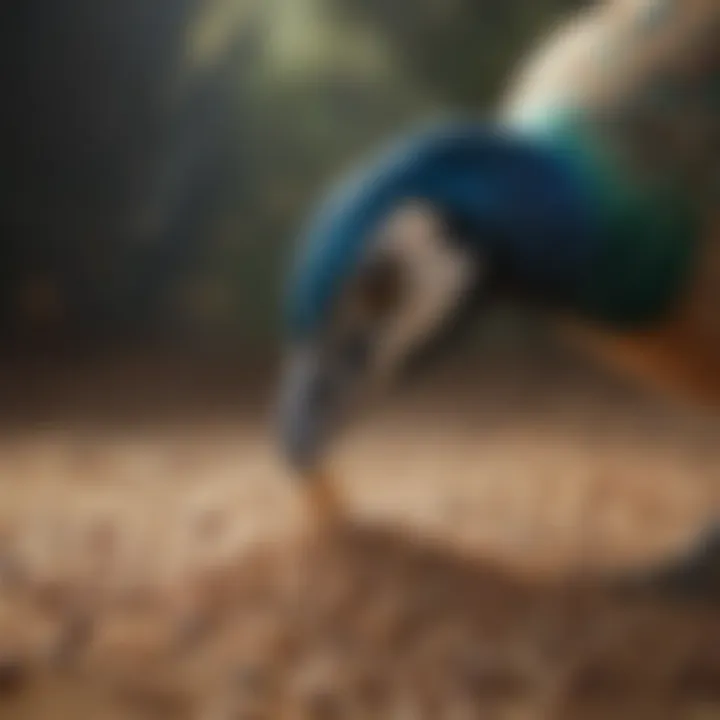 Close-up of peafowl pecking at a variety of seeds and grains