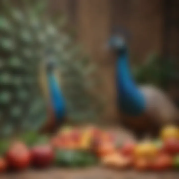 A peafowl enjoying fresh fruits and vegetables in a feeding area