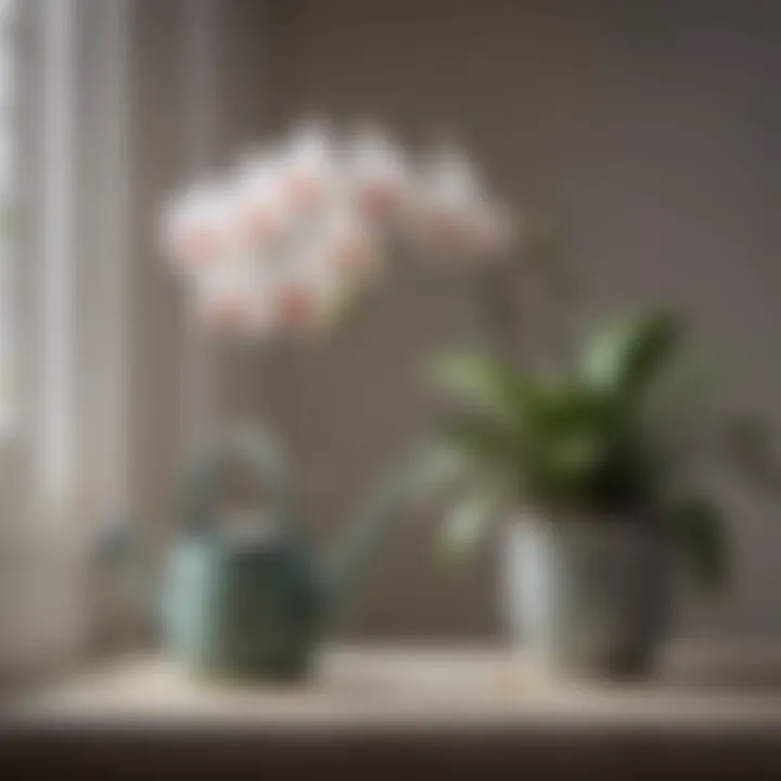 An elegant watering can next to an orchid, symbolizing the essential watering techniques.