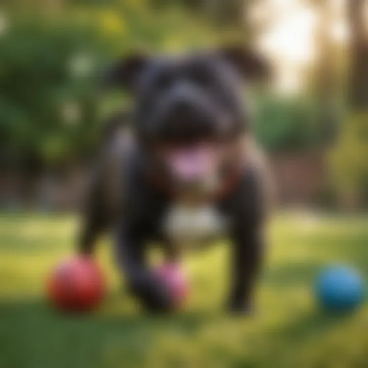 A happy Staffordshire Bull Terrier playing with a toy in a vibrant backyard.