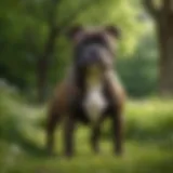 A majestic Staffordshire Bull Terrier standing proudly in a lush green park.