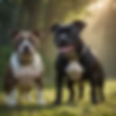 A well-trained Staffordshire Bull Terrier performing commands alongside its owner.