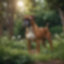Boxer dog standing proudly in a lush garden