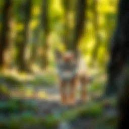 A playful wolf pup exploring its surroundings in a forest