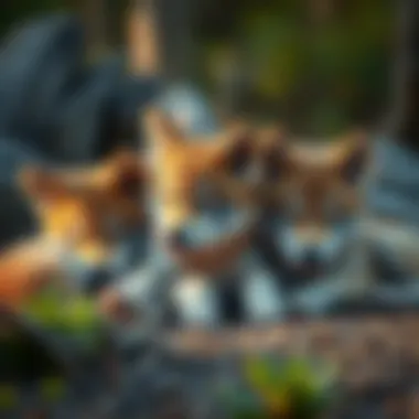 Resting Wolf Pups A serene scene of wolf pups resting together in their natural habitat