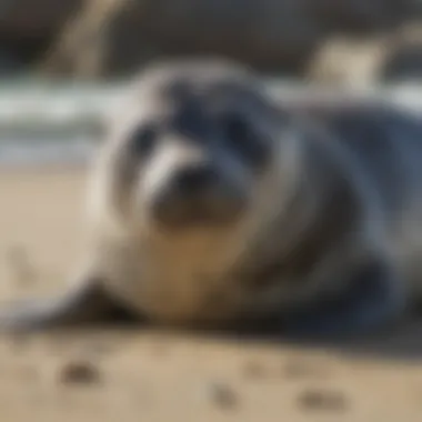 Close-up of harbor seal pup on the beach