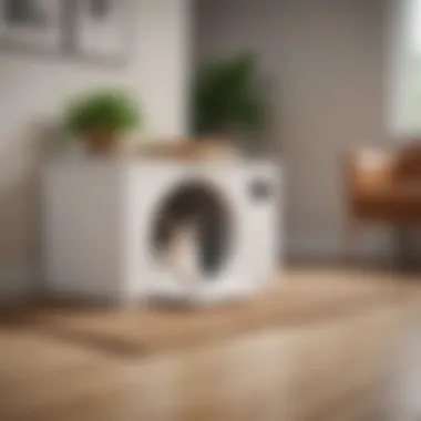 Elegant Design of Self-Cleaning Cat Box An elegant self-cleaning cat box in a modern home setting