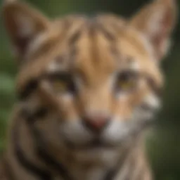 A close-up portrait of an ocelot in its natural habitat, showcasing its striking fur patterns and intense gaze.
