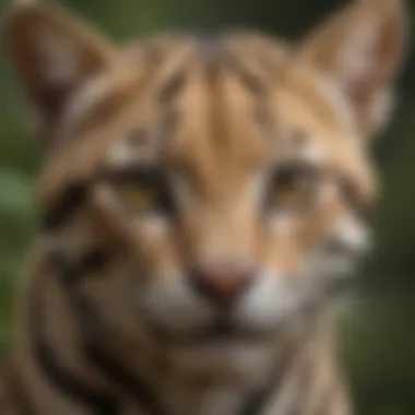 A close-up portrait of an ocelot in its natural habitat, showcasing its striking fur patterns and intense gaze.