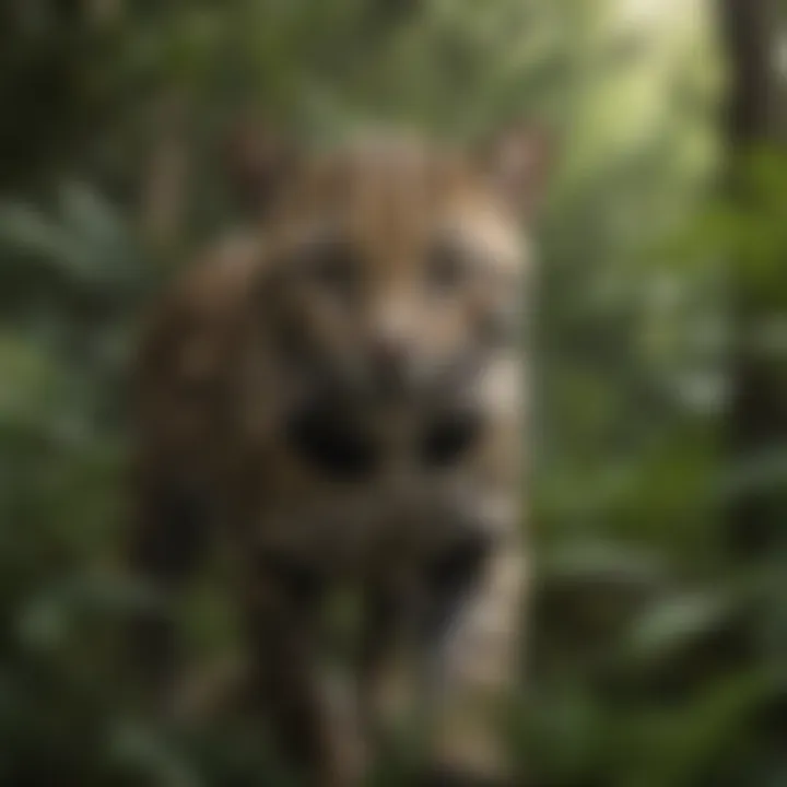 An ocelot gracefully navigating through dense jungle vegetation, illustrating its agility and adaptation to the environment.