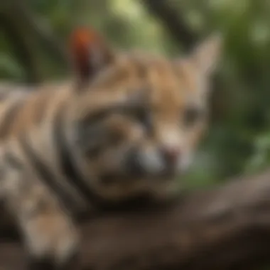 A serene image of an ocelot resting on a tree branch, highlighting its solitary nature and the surrounding ecosystem.