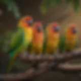 Vibrant conures perched on a branch, showcasing their colorful feathers.