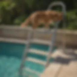 Dog using a ladder to exit a swimming pool