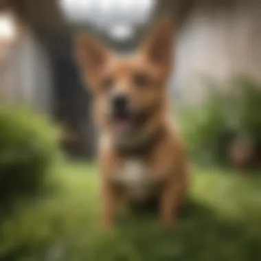 A small dog enjoying a grass patch in a confined space