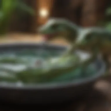 Close-up of reptiles interacting with deep water bowls for hydration