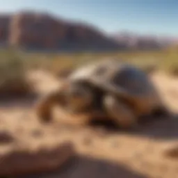 Desert tortoise basking in the sun amidst arid landscape