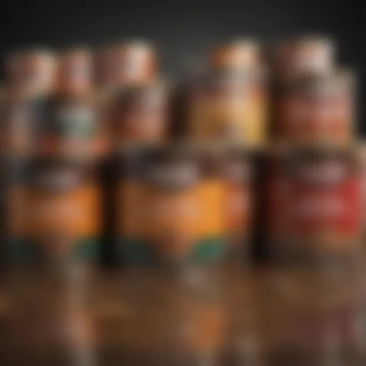 An assortment of dog food brands with labels highlighting nutritional information.