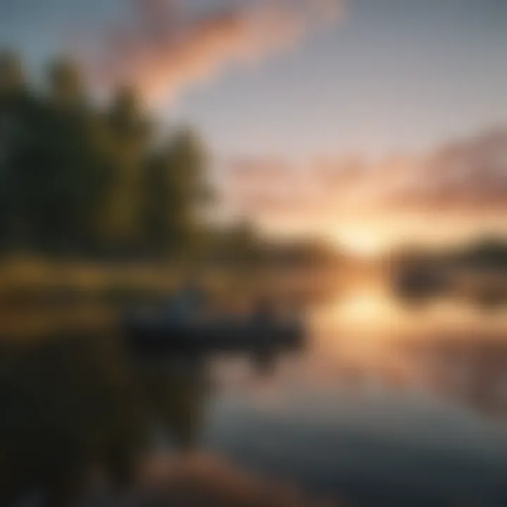 Peaceful lake at sunset with fishing boats